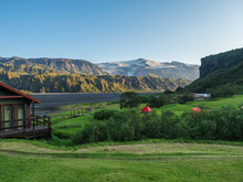Mountain Hut Skagfjordsskali And Langidalur Camping Site In Thorsmork With View On Godaland And Eyjafjallajokull Glacier Volcano And River Krossa. Highlands Of Iceland, End Of The Laugavegur Hiking