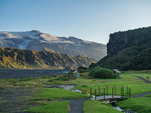 Langidalur Camping Site In Thorsmork With View On Godaland And Eyjafjallajokull Glacier Volcano And River Krossa. Highlands Of Iceland, End Of The Laugavegur Hiking Trail. Summer Golden Hour.