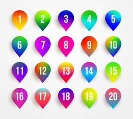 Arrow bullet point colorful 3d markers with number 1 To 20. Gradient vector illustration. Isolated on white background.