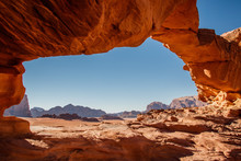 Framed View Of Wadi Rum Desert From Little Bridge Rock Formation, Jordan