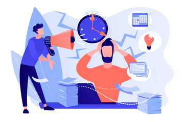 Wall Mural - Exhausted, frustrated worker, burnout. Boss shout at employee, deadline. How to relieve stress, acute stress disorder, work related stress concept. Pinkish coral bluevector isolated illustration