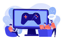 Computer gaming industry, cybersport training. Esports coaching, lessons with pro gamers, esports coaching platform, play like a pro concept. Pinkish coral bluevector isolated illustration