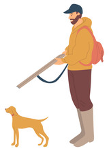 Huntsman With Rifle And Hunting Dog Pointer Isolated. Bearded Man And Puppy Purebred For Hunt, Pedigree Hound Or Retriever. Vector Illustration In Flat Cartoon Style