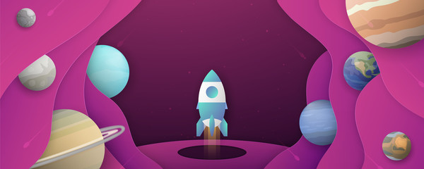 Wall Mural - Rocket is flying in galaxy space of the universe. Abstract gradient background in liquid and fluid style. Trend creation of the world. 3D illustration template design. It is art craft for kid.