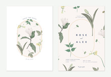 Flowers And Foliage Wedding Invitation Card Template Design, Anise Magnolia Flowers And Various Green Leaves On Light Brown