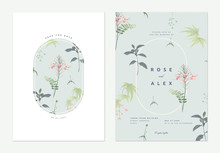 Flowers And Foliage Wedding Invitation Card Template Design, Peacock Flowers And Various Green Leaves On Light Blue