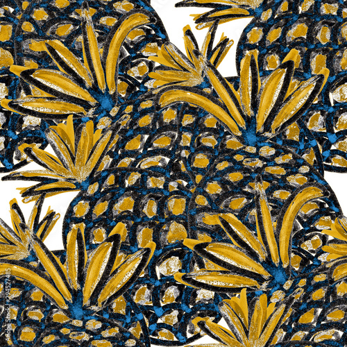 Creative seamless pattern with hand drawn abstract pineapples. Fruity fashion...