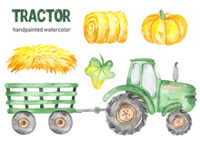 Green Tractor, Trailer, Haystack, Hay, Pumpkin Watercolor Clipart