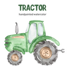Watercolor Green Tractor Clipart On White Background