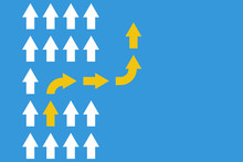 White Arrows Group In One Direction And Yellow Arrow With Different Way, Business Innovations Or New Strategy Vector Concept