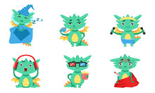 Cute Dragon Cartoon Character In Different Situations Set, Adorable Funny Fantastic Creature With Various Emotions Vector Illustration