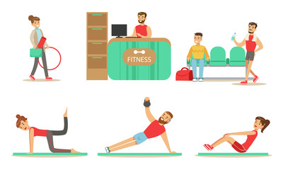 Poster - Fitness Center Set, Cheerful People Exercising in the Gym with the Equipment, Healthy Lifestyle Concept Vector Illustration