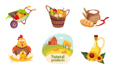 Sticker - Farm Animals and Eco Healthy Products Set, Farm and Agricultural Badges Vector Illustration