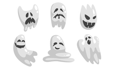 Sticker - Cute White Ghost Cartoon Character Set, Funny Halloween Scary Ghostly Monster with Various Emotions Vector Illustration