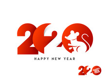 Paper Cut Text Of 2020 With Rat Zodiac Sign In Red And White Color For Happy New Year Celebration.
