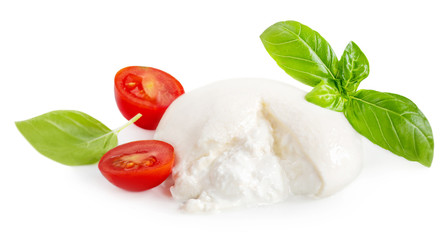 Mozzarella cheese isolated. Italian buffalo milk  cheese with Basil leaves and tomatoes  on white background close up