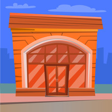 Diner Exterior, Facade Of Restaurant. Flat Style Building In City, Cityscape With Skyscraper, Urban Style Of Diner. Redbrick Construction Eatery. Vector Illustration In Flat Cartoon Style