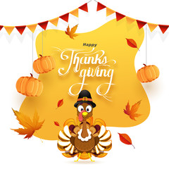 Canvas Print - Happy Thanksgiving greeting card design decorated with hanging pumpkins, autumn leaves and turkey bird wearing pilgrim hat on abstract background.