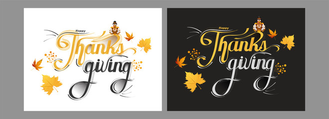 Sticker - Calligraphy of Happy Thanksgiving with turkey bird and maple leaves on background in two color option.