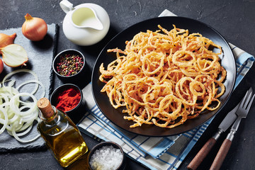 Wall Mural - close-up of crispy fried onion rings and strings
