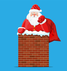 Santa claus with bag with gifts in house chimney. Happy new year decoration. Merry christmas eve holiday. New year and xmas celebration. Vector illustration in flat style