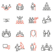 Vector Set Of Linear Icons Related To Engagement, Discussion, Persuasiveness. Mono Line Pictograms And Infographics Design Elements