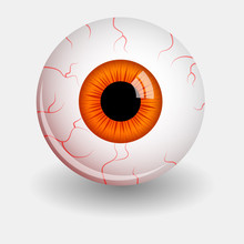 Funny Halloween Greeting Card Monster Orange Eyes. Vector Isolated Illustration On Light Grey Background