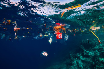  Underwater ocean with plastic and plastic bags, ecological problem