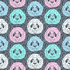 Wall Mural - Cute funny cartoon panda seamless pattern. Vector illustration hand drawn in lines. Trendy doodle background