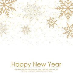 Happy New Year or Christmas card with falling gold snowflakes on white background. Vector