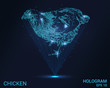A hologram of a chicken. Holographic projection chicken. Flickering energy flux of particles. Scientific design of a bird.