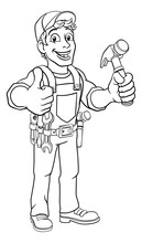 A Handyman Carpenter Or Builder Cartoon Man Holding A Hammer. Construction Maintenance Worker Or DIY Character Mascot. Giving A Thumbs Up.