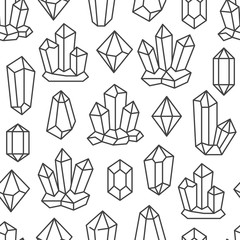 Crystal seamless pattern with line gemstone icons. Geometric mineral on white background with black polygonal stone quartz, diamond for magic jewelry poster design