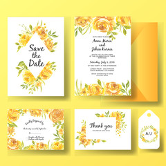 wedding invitation set of watercolor flower rose yellow