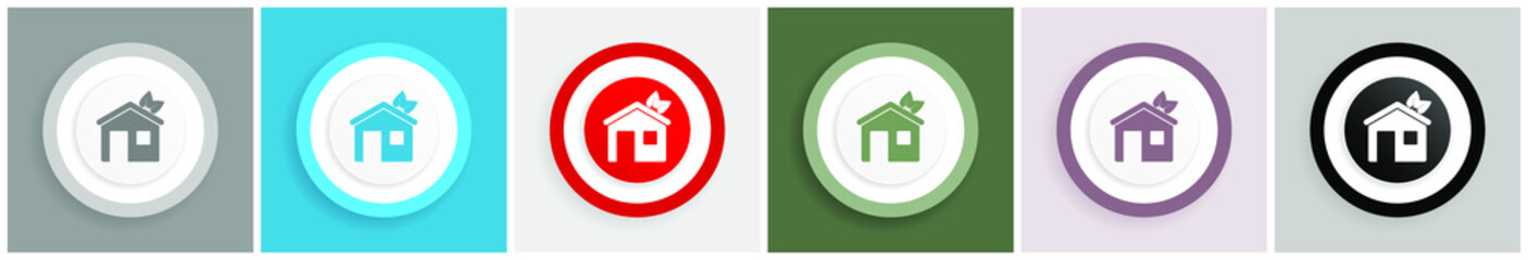 Poster - Eco green house icon set, colorful flat design vector illustrations in 6 options for web design and mobile applications