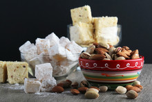 Different Oriental Sweets: Turkish Delight, Halva, Almond And Pistachio