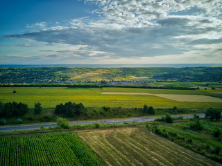 Aerial view of the green and yellow rice field, grew in different pattern at sunset.