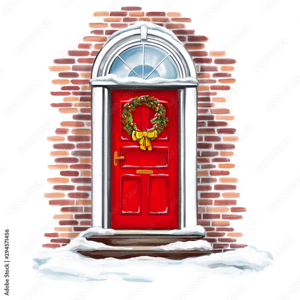 Christmas home decoration, Christmas wreath on the door in winter, art  illustration painted with watercolors isolated on white background Stock  Illustration | Adobe Stock, image size:1000x1000
