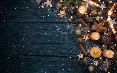 Wall Mural - christmas decoration on wooden background, lots of copy space for product or text.
