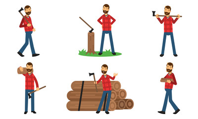 Wall Mural - Vector Illustration Set With Lumberman In Different Action Poses