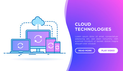 Wall Mural - cloud technologies web page template with thin line icons: monoblock, laptop, tablet and smartphone 