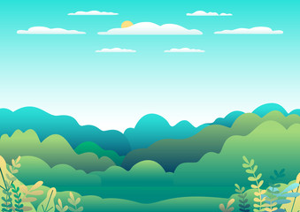 Hills and mountains landscape in flat style design. Valley background panorama countryside illustration. Beautiful green field, meadow, mountains and blue sky and sun. Rural location, cartoon vector b
