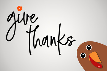 Happy Thanksgiving text Cartoon Turkey on white gradient background Thanksgiving poster. Give thanks