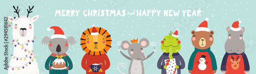 Hand drawn card, banner with cute animals in Santa Claus hats, sweaters, spar...
