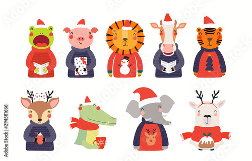 Big Christmas set with cute animals in Santa Claus hats, ugly sweaters. Isola...