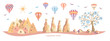 Cappadocia, Turkey. Colorful vector illustration of a famous Turkish travel destination. Evil eye tree, caves, stones, fairy chimneys, bright hot air balloons. Horizontal banner, card, poster design. 