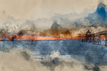 Wall Mural - Digital watercolor painting of Beautiful sunset over ocean with pier silhouette