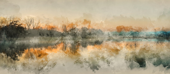 Wall Mural - digital watercolor painting of landscape of lake in mist with sun glow at sunrise