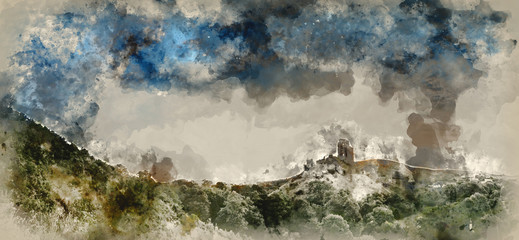 Digital watercolor painting of Beautiful Summer sunrise over panorama landscape of medieval castle ruins