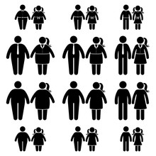 Fat Parents And Children Stick Figure Vector Icon Set. Obese People, Kids, Couple Black And White Flat Style Pictogram On White Background